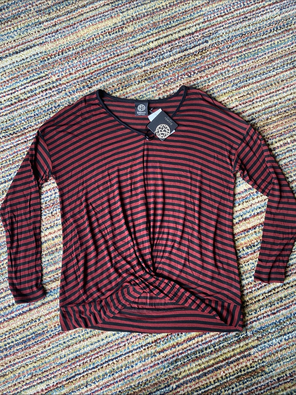 bobeau Black & Burgundy Striped Long-Sleeve Twist Front Tee